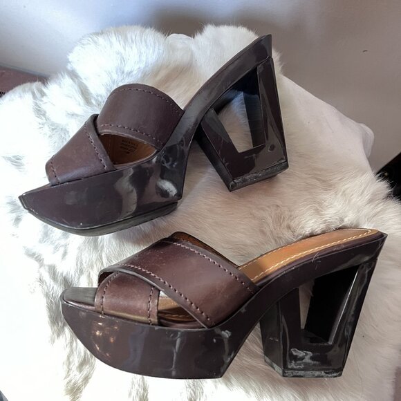 Michael Kors Brown Leather 70s Retro "Dizzy" Platform Sandals Chunky Heels 7.5 - Picture 2 of 10